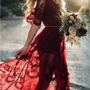 Lace Boho Maxi Dress Burgundy Wine Red
